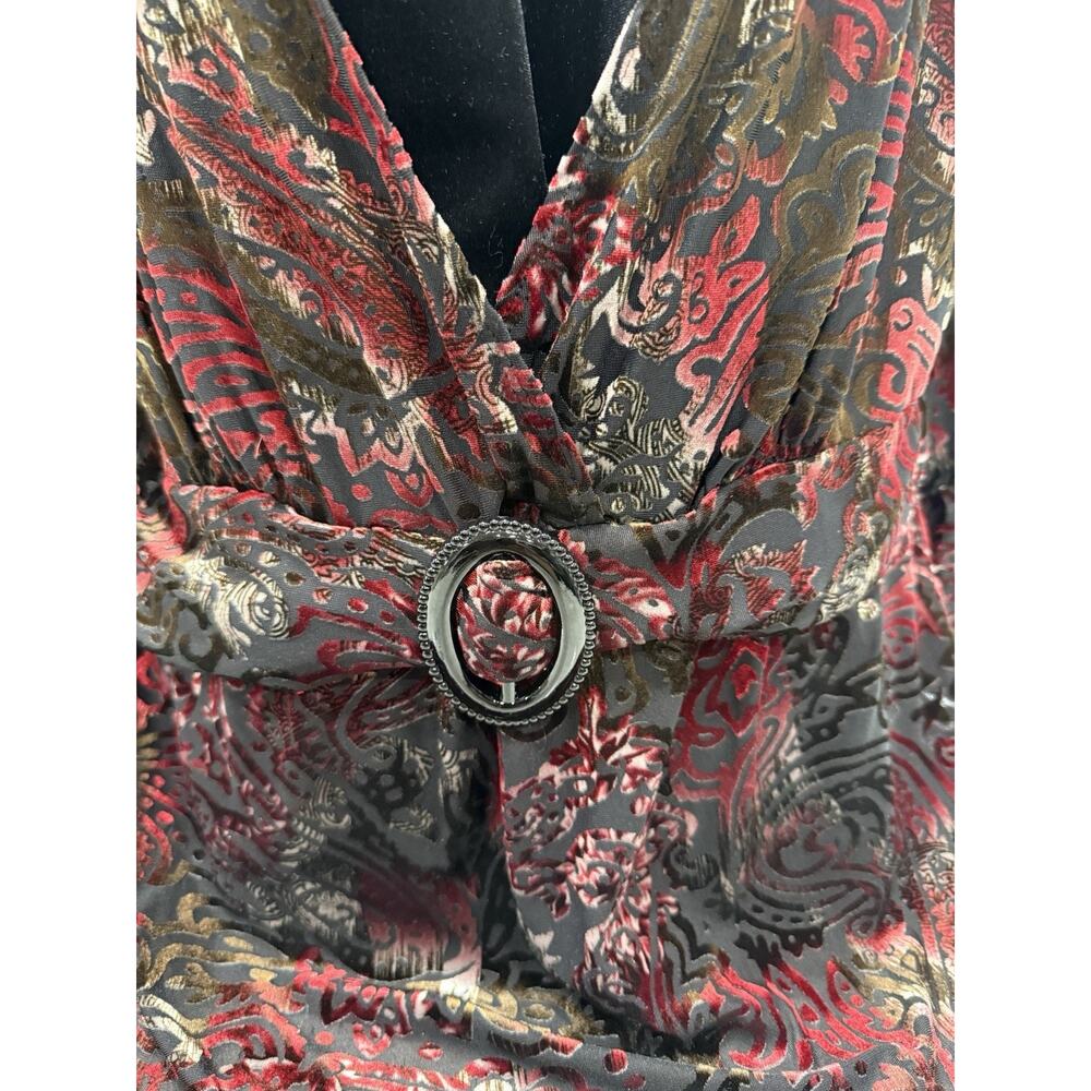 Notations Velvet Burnout Blouse 1X Black Red Paisley Buckle Detail | Holiday Top - Picture 3 of 9